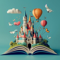 World book day. Fantasy and literature concept. 3D style Illustration of magical book with fantasy stories inside it.