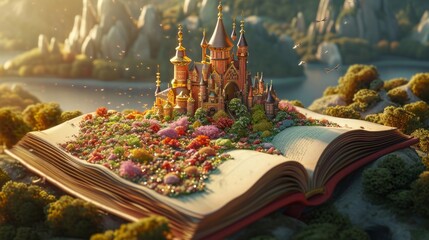 World book day. Fantasy and literature concept. 3D style Illustration of magical book with fantasy stories inside it. - obrazy, fototapety, plakaty
