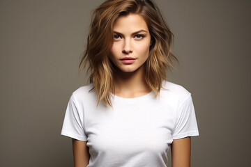 Obraz premium Woman in White Tshirt Mockup created with Generative AI