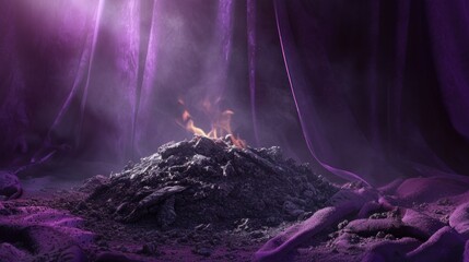 Smoldering Ash Pile with Purple Cloth for Ash Wednesday. Artistic rendering of a smoldering ash...