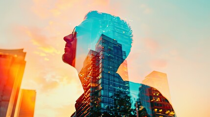 an engineer wearing a helmet, double exposure with the sightly skyscraper, sunset colors