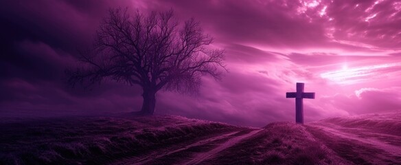 Dramatic Ash Wednesday Banner with Lone Tree and Cross. Conceptual Ash Wednesday image with a tree's shadow casting an ash cross on the ground, surreal purple sky - obrazy, fototapety, plakaty