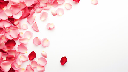 Rose petals on isolated white background with copy text space - ai generative