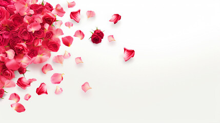 Rose petals on isolated white background with copy text space - ai generative - obrazy, fototapety, plakaty