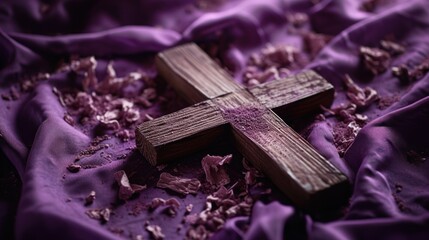 Ash Wednesday still life of a wooden cross lying on a purple cloth, ashes scattered around, reflective and spiritual theme, Wooden Cross and Ashes on Purple Cloth for Ash Wednesday