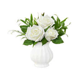 Bouquet with rose flowers and italian ruscus in a white vase isolated on white or transparent...