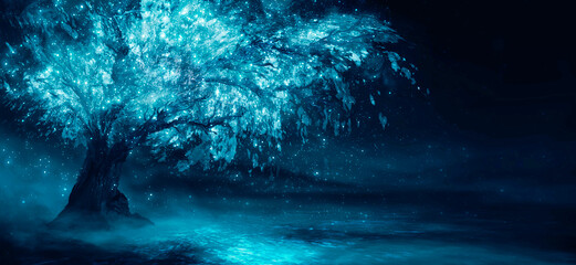 Fantasy night landscape with magical old tree, neon landscape. 