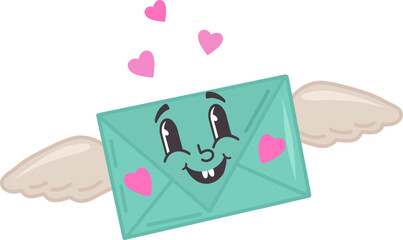 Vector illustration of an envelope with angel wings and hearts. Valentine's Day, a message of love, February 14th. Be my Valentine. An envelope with sweet emotions.