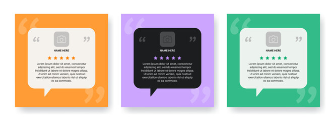 Post templates for client reviews. Customer testimonials in the form of speech bubbles with space for photos, text and star ratings. Vector design for social networks or websites.