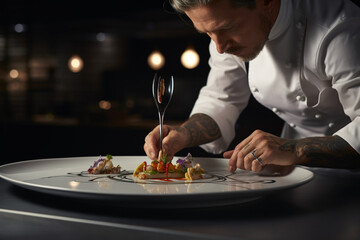 A chef is finishing the preparation of the plate. He's decorating the plate just before the serving 