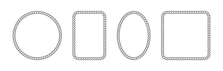 Braided rope frames. Collection of borders in the shape of square, circle and oval. Vector pack of thin and thick elements isolated on a white background.