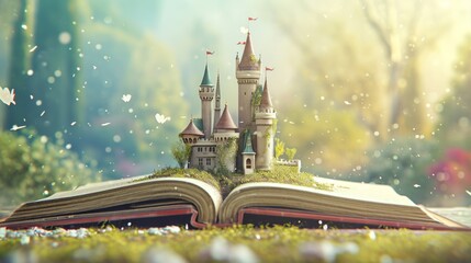 World book day. Fantasy and literature concept. 3D style Illustration of magical book with fantasy stories inside it. Designed to greeting or celebrate World Book Day. - obrazy, fototapety, plakaty
