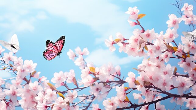 Pink Sakura flowers, blue sky and butterflies on the nature outdoors. romantic dreamy spring image, landscape 