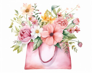 Pink shopping bag with pink and yellow spring flowers and leaves, pastel colors. Isolated watercolor illustration