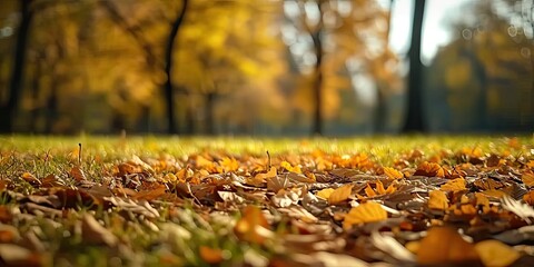 Autumnal nature with colorful trees and fallen leaves in forest park seasonal fall creating beauty in landscape bright maple leaf on ground sunny day outdoors flora and environment closeup view