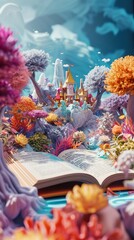 World book day. Fantasy and literature concept. 3D style Illustration of magical book with fantasy stories inside it. Designed to greeting or celebrate World Book Day.