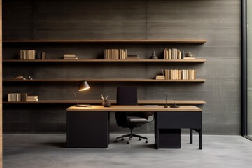Black minimalist workplace room, bookshelf, wooden and gray concrete walls, and black furniture