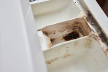Dirt inside washing machine tray at the laundry detergent tray with a lot of moldy and dirty stain...