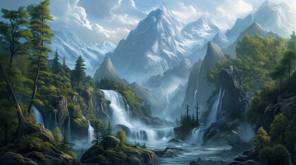 a fantasy scene with mountain, trees, and waterfall in the background, in the style of desolate landscapes, grandiloquent landscapes - obrazy, fototapety, plakaty