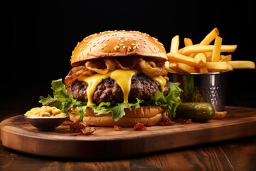 Mouthwatering burger with perfectly melted cheese and a juicy beef served with a side of golden fries