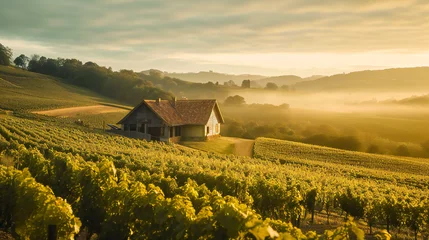 Schilderijen op glas Beautiful countryside winery landscape with a cottage in a distance © Adrian Grosu