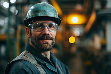 Heavy industry, adult Caucasian man in a safety helmet and glasses working at a steel mill and looking at camera