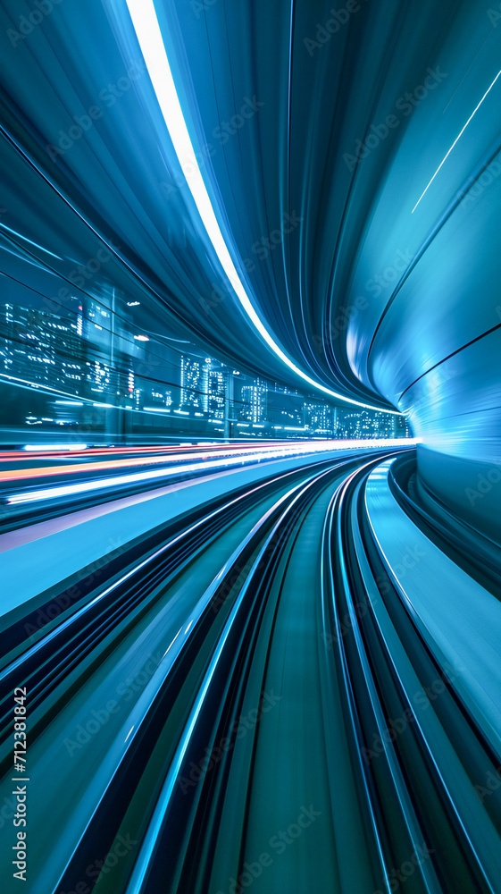 Poster acceleration speed on the railroad. light and stripes fast motion blur.