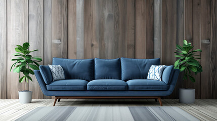  Blue sofa against paneling wall. Minimalist loft home interior design of modern living room