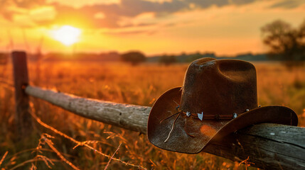 A cowboy hat hanging on an old wooden fence