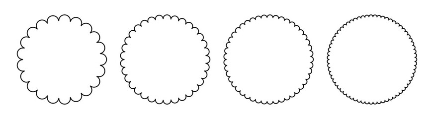 Scallop frames are round. Outline of circle different sized lace edges of element borders. Design vector collection isolated on white background.