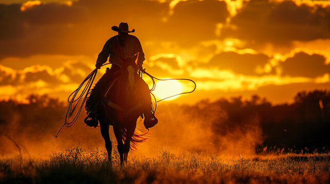 Silhouette of a cowboy on horseback with lasso in his hand