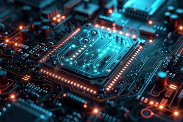 Fototapeta premium Illuminated Circuit Board with Central Processor
