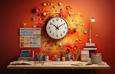 Alarm clock exploding in a vibrant splash with stationary on a desk
