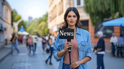 Beauty female correspondent talking while being on air in news on the city street. Woman reporting news on tv program.