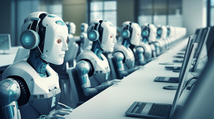 The concept of the robot's automatic workplace in the call center works as a controller of customers working on a desktop computer.