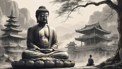 black and white illustration of monk sitting at tree and meditating near to big buddha statue,rocks, mountains and temples, generative AI - obrazy, fototapety, plakaty