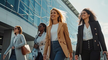 Group of empowerment women, teamwork, success businesswomen, friends and leadership. Women walking together in proud.