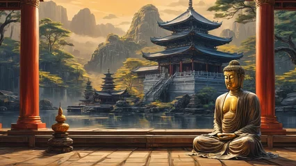 Fototapete Rund illustration of golden buddha sitting at tree and meditating near to river,rocks, mountains and temples, red pillars, generative AI © Jenar