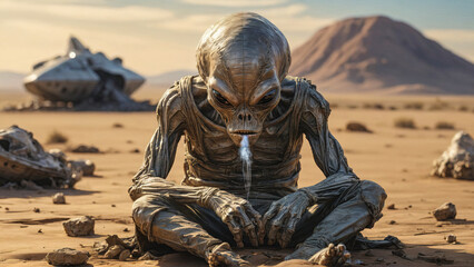 illustration of a sad alien with smokes comming out of the mounth sitting near to crashed alien space ship UFO on desert, generative AI