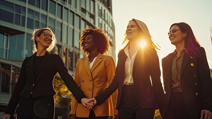 Group of empowerment women, teamwork, success businesswomen, friends and leadership. Women walking together in proud.