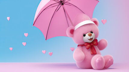 Love blooms, pink umbrella shields adorable bear, embracing joy in furry Valentine's charm