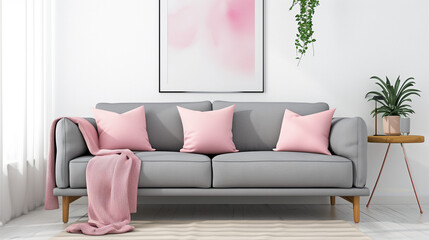  Grey sofa with pink pillows and blanket against white wall with abstract art poster. Interior design of modern living room