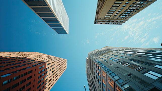 Modern Urban Office Building, View From Below With Blue Sky Background.