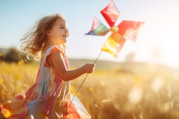 A girl in a dress runs across a field on a clear sunny day with a children's toy windmill, a weather vane rotates in the wind