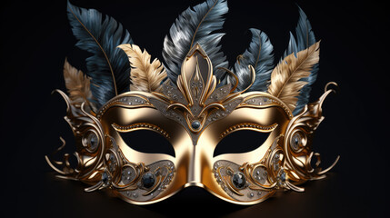 Opulent gold masks, diamonds, feathers dance against a lavish dark backdrop. Elegance shines in every detail at the chic carnival soirée