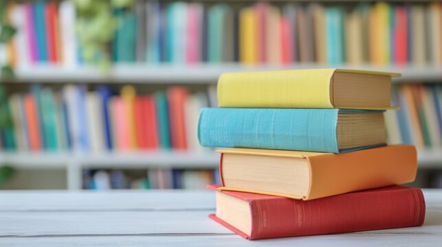 View of World book day banner design of a collection of stack of books on reading desk in library study room for education learning, and national library lovers month concept.