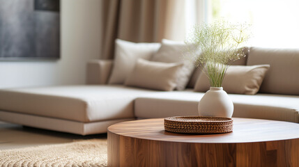 Fototapeta na wymiar Round accent wooden coffee table against beige fabric corner stylish sofa. Minimalist luxury home interior design of modern living room