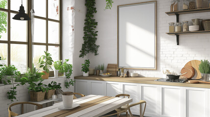 Scandinavian farmhouse kitchen interior, poster frame mockup