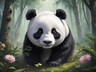 In a magical forest filled with mystical creatures, a unique panda with puffy fur roams freely. Generative Ai