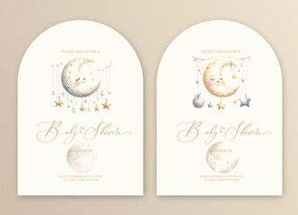 Cute baby shower watercolor invitation card for baby and kids new born celebration with moon and stars.